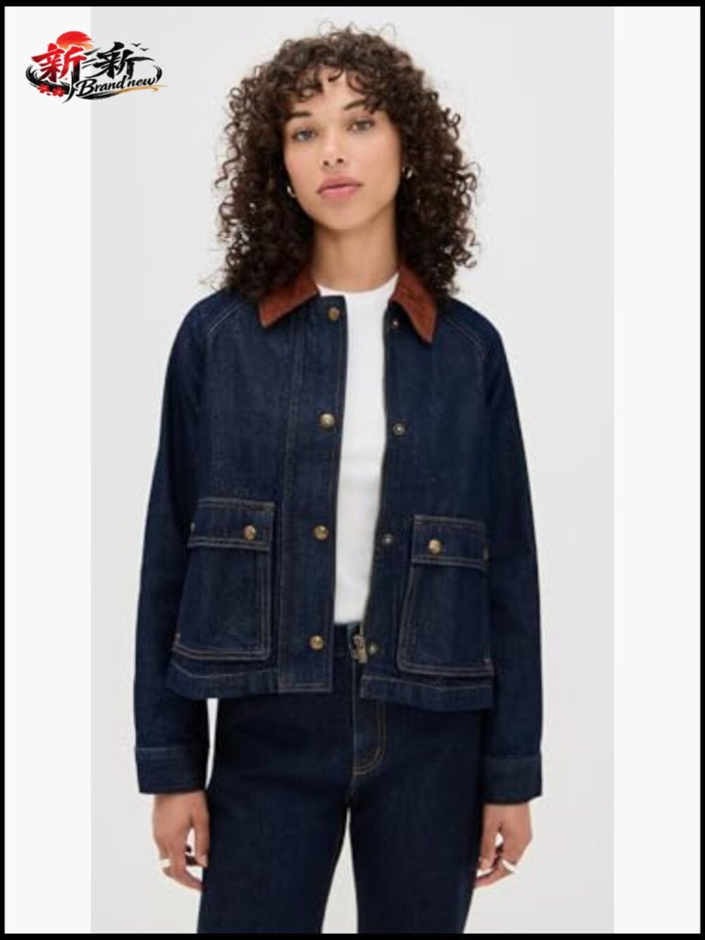 Denim Trapeze Jacket with Corduroy Collar, Snap Flap Front - Picture 2 of 6